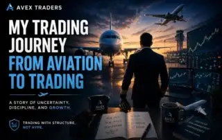 Aviation professional transitioning to forex trading with charts and aircraft background – Avex Traders journey