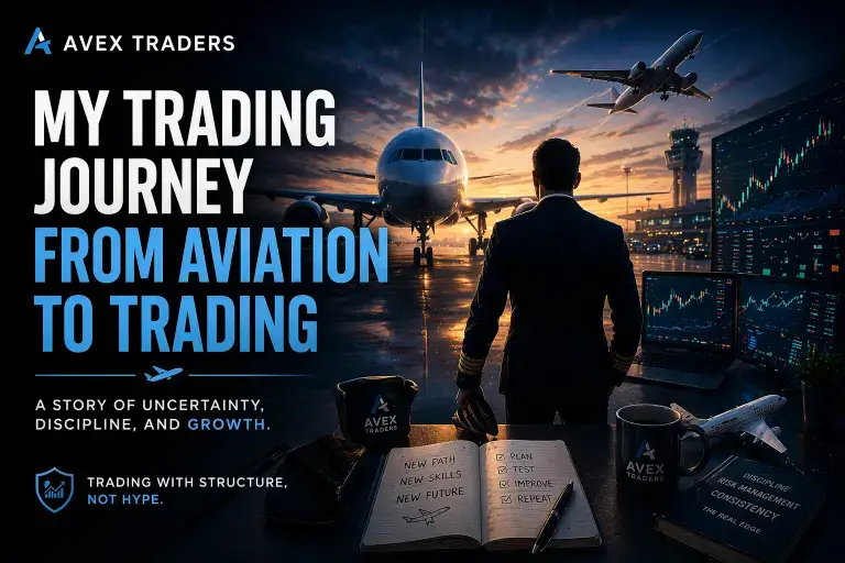 Aviation professional transitioning to forex trading with charts and aircraft background – Avex Traders journey