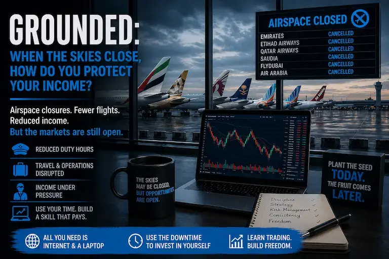 aviation professionals affected by airspace closure using trading skills to protect income
