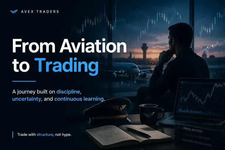From Aviation to Trading | Avex Traders Journey Aviation to trading journey concept with aircraft and financial charts representing Avex Traders