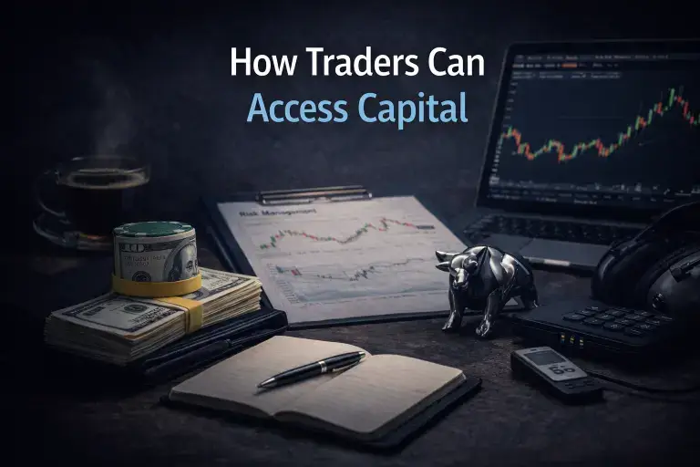 Forex trader analyzing charts showing how traders can access capital through prop firms and disciplined trading