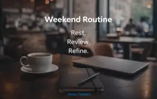 Trader weekend routine in coffee shop with laptop and coffee showing rest review and refine process