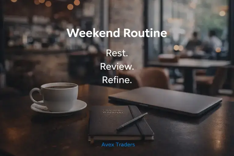Trader weekend routine in coffee shop with laptop and coffee showing rest review and refine process