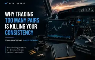 Forex trading workspace with aviation cockpit view showing importance of focusing on fewer trading pairs for consistency