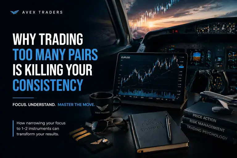 Forex trading workspace with aviation cockpit view showing importance of focusing on fewer trading pairs for consistency